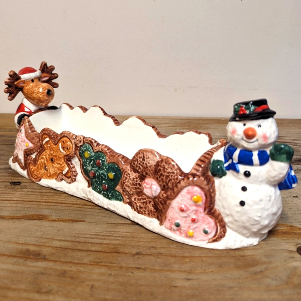 Christmas Street Handpainted Reindeer and Snowman Cracker Dish